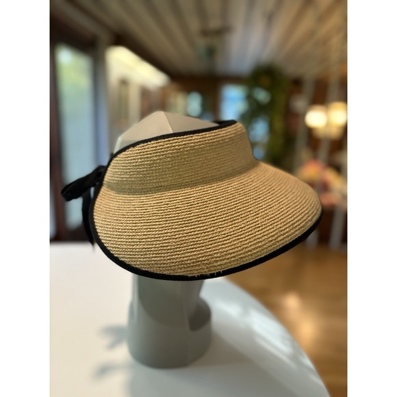Helen Kaminski Raffia Straw Wide Brim Sun Visor Hat Natural Black Trim Bow - Picture 4 of 10